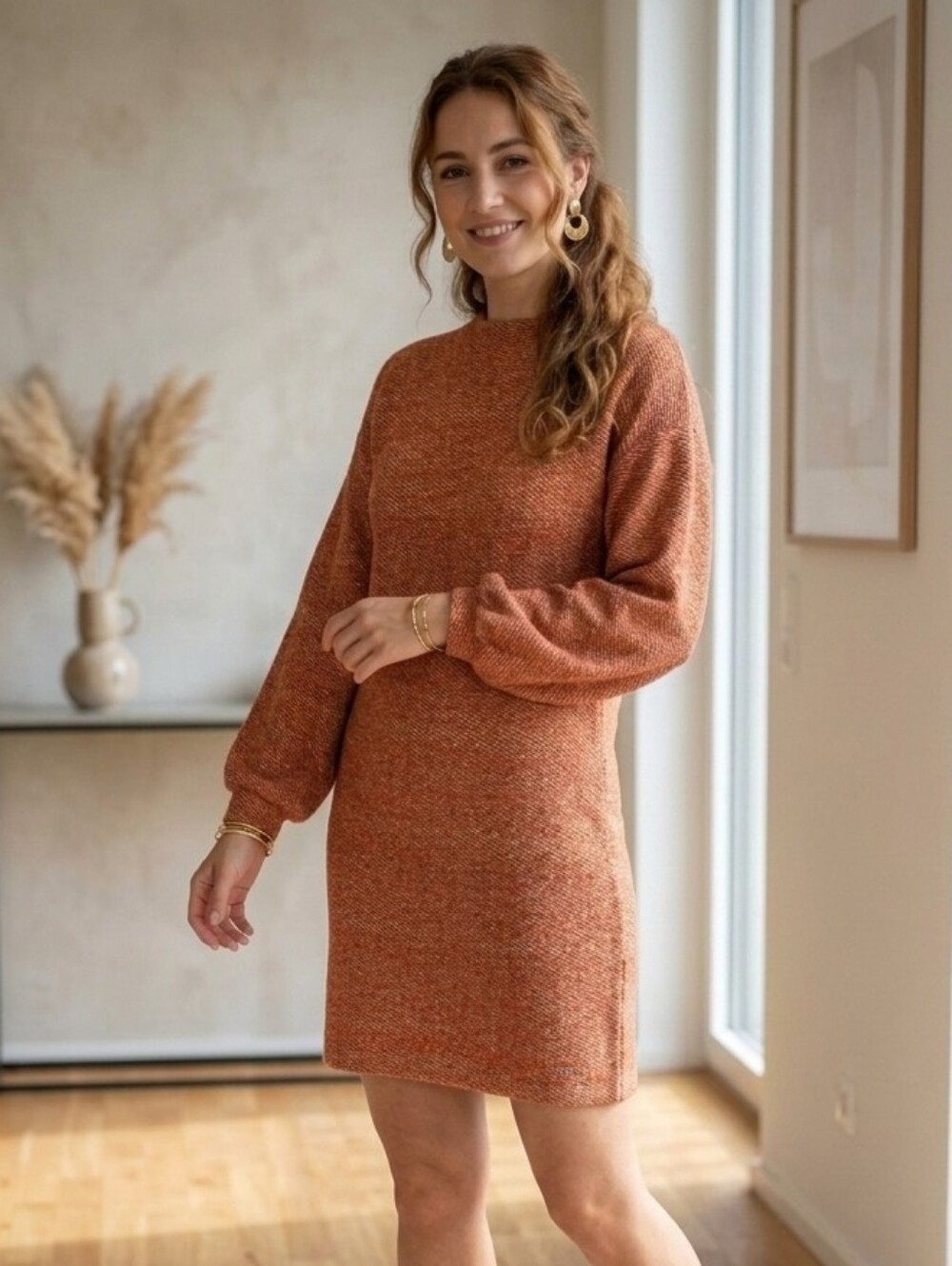 Melow Long Sleeve Shift Dress Burnt Orange Minimalist Knitwear Cozy Boxy Chic S